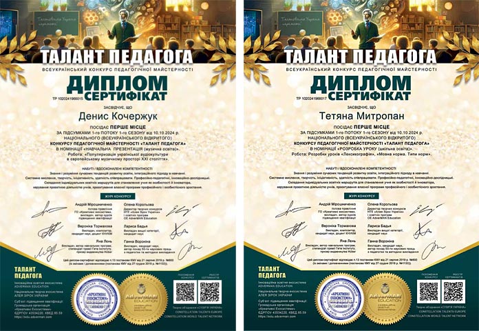 Зразки дипломів-сертифікатів конкурсу Талант педагога