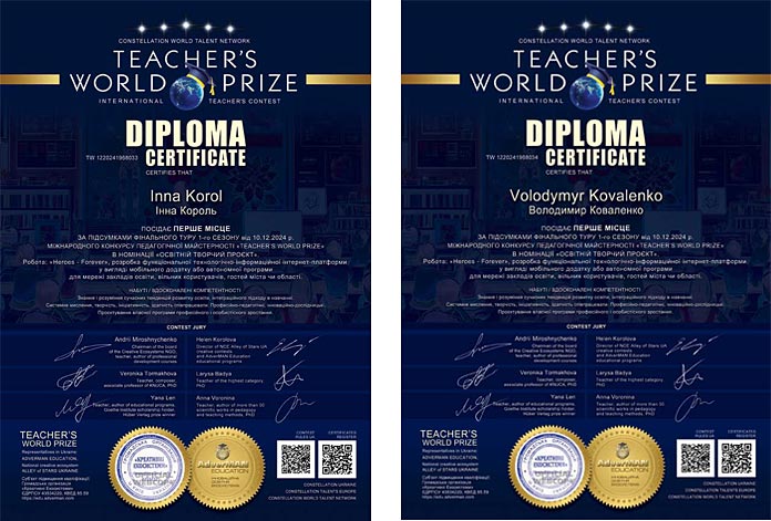 Зразки дипломів-сертифікатів конкурсу Teacher’s World Prize